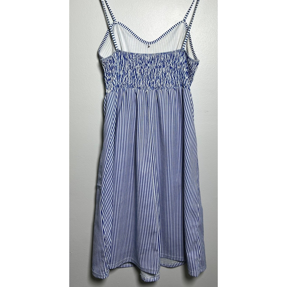 Womens Blue White Striped Button Front Midi Sundress Pockets Smocked Back XL - Picture 6 of 10